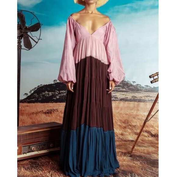 Anthropologie Nirmooha Puff Sleeve Colorblocked Maxi Dress - Picture 1 of 9